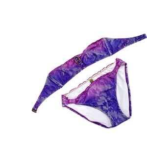 BECCA 2 piece strapless bikini metal ring detail purple & berry netting sz small